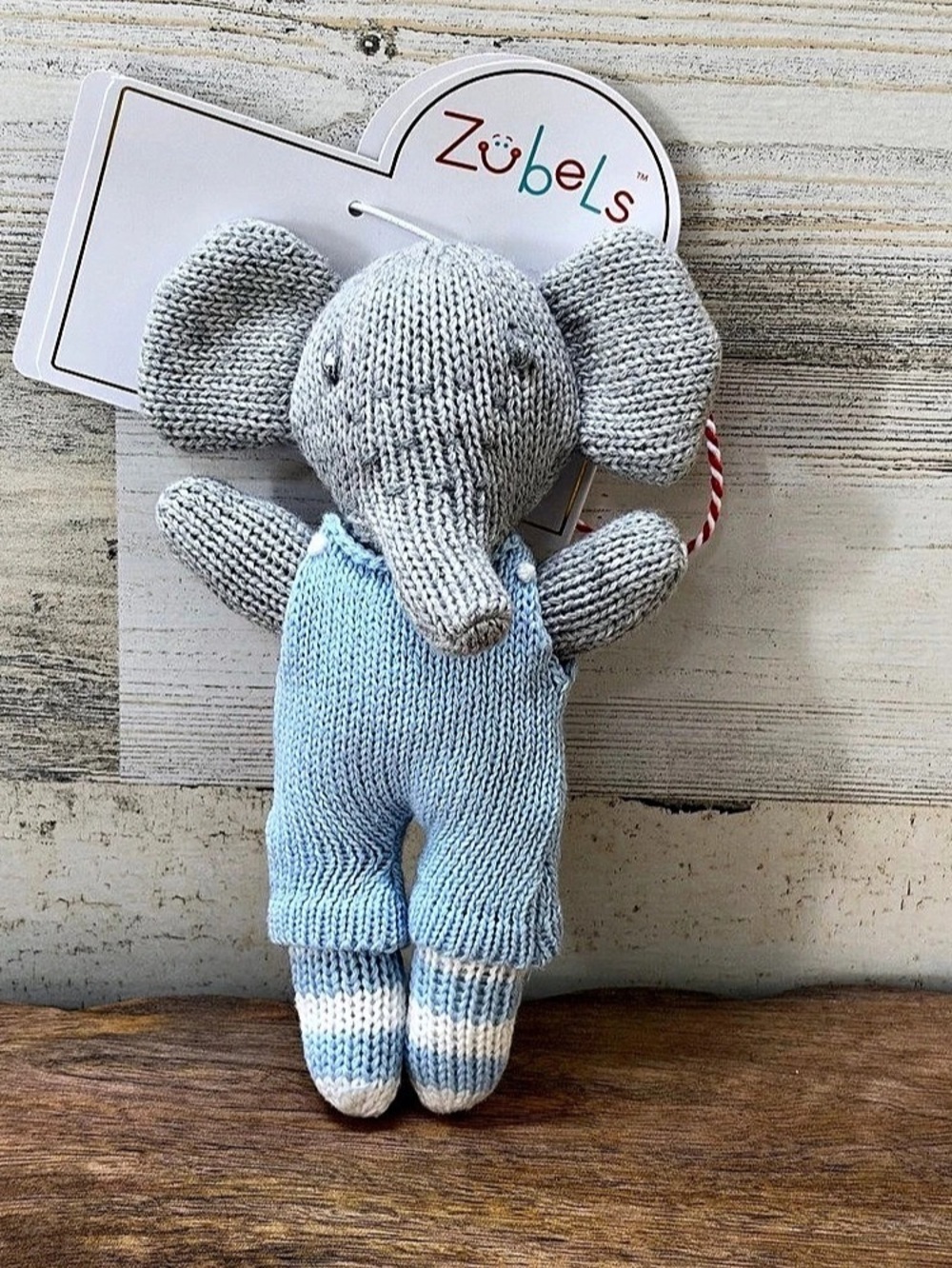 Zubels B Elephant 7" Knit Rattle Blue & Gray